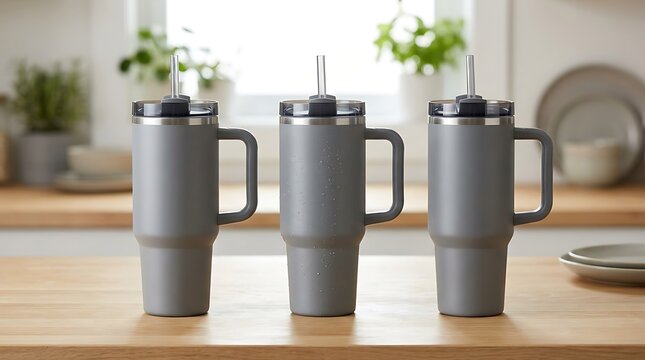 Three gray metal travel tumblers with straws on kitchen counter isolated on white background