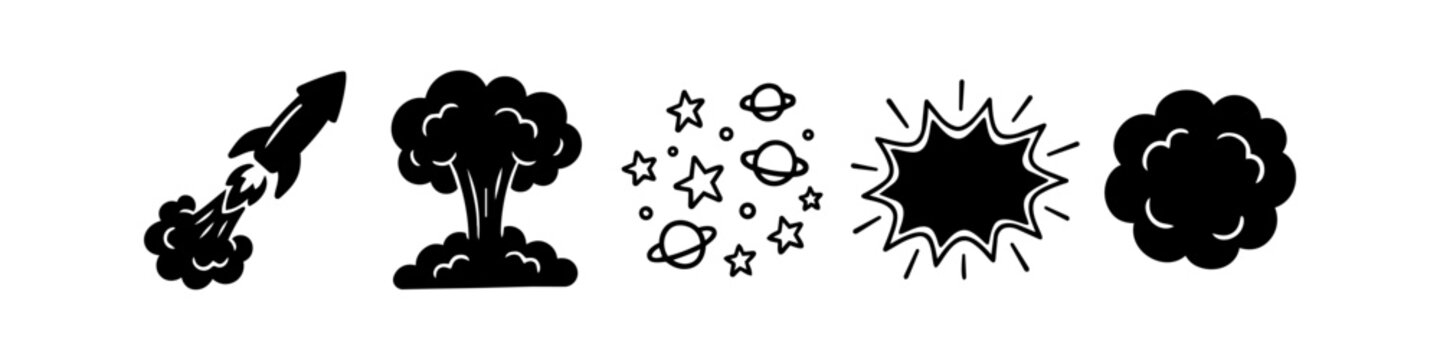 Collection of hand-drawn black vector icons featuring a rocket launch, mushroom cloud explosion, stars, planets, and comic-style bursts isolated on white.