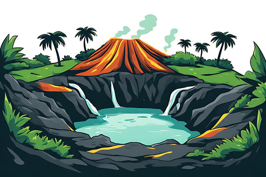 Active volcano with tropical lagoon. Erupting mountain landscape with palm trees.