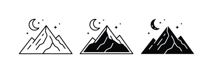 Mountain Icons, Night Sky Landscapes, Crescent Moon and Stars, Minimalist Peaks, Vector Graphics for Adventure and Nature Themes © Hosneara