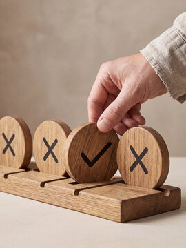 Hand placing a wooden disc with a checkmark symbol into a slot on a wooden base among other discs with x marks