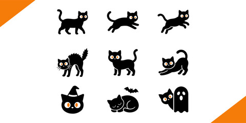 Naklejka premium Set of cute black cat silhouettes for halloween decorations featuring various playful poses and spooky festive holiday elements