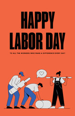 Obraz premium A vertical labor day poster featuring a group of workers in blue trousers and white shirts, carrying construction and tools