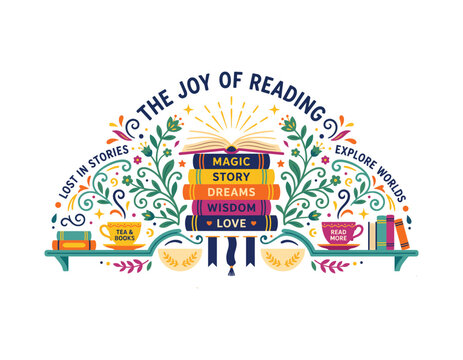 The joy of reading colorful illustration with books and tea cups