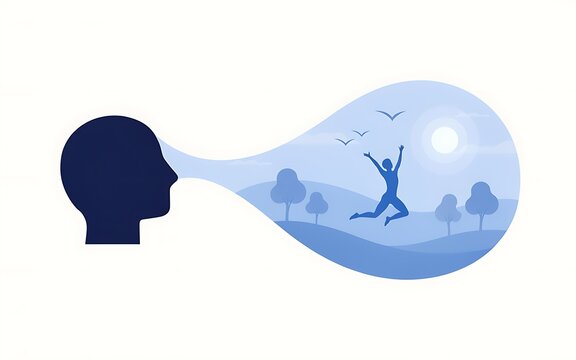 Conceptual illustration of a human head dreaming of a happy person in a sunny landscape