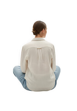 Woman sitting on floor back view isolated on transparent