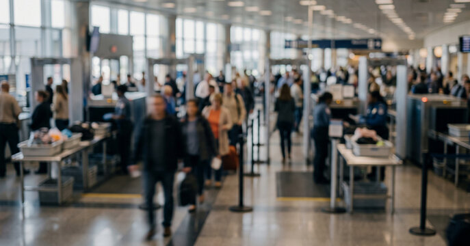 A busy airport security checkpoint filled with travelers undergoing the screening process, highlighting the hustle and bustle of air travel.