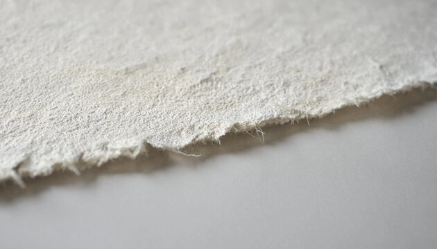 A close-up of the rough, fibrous deckle edge of a sheet of off-white handmade paper, showing the uneven texture against a plain light background