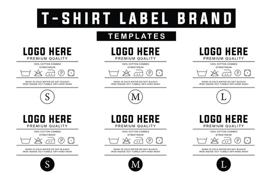 T-shirt label brand templates with care instructions and size indicators