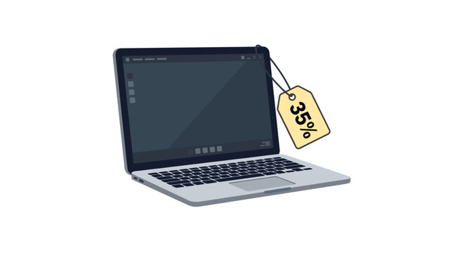 Laptop with a 35 percent discount tag attached to the screen for sale or promotion