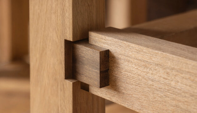 A close-up view of a precise mortise and tenon wood joint, showcasing the craftsmanship and natural grain of the light-colored oak timber