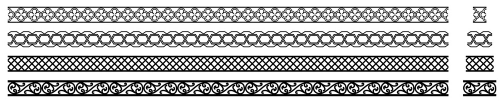 Set of lace patterns with borders, pattern brushes, decorative lines and frames. Vector illustration.