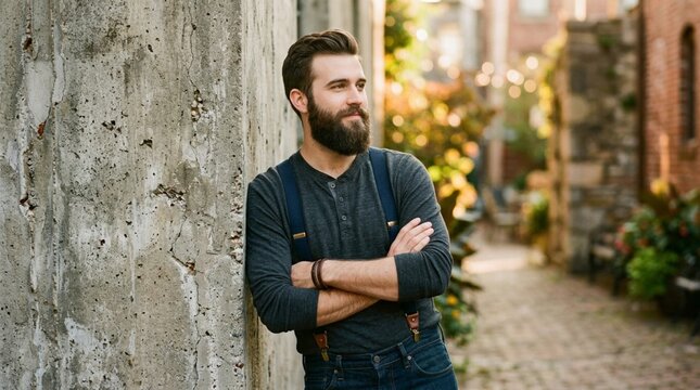 Bearded young man in casual henley shirt and dark suspenders leaning against weathered concrete wall in rustic alleyway, thoughtful pose with crossed arms