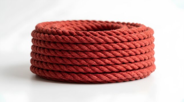 Coil of red cotton rope photographed from the side against a clean white seamless backdrop, soft fibers and gentle curves visible in high detail for craft and design use