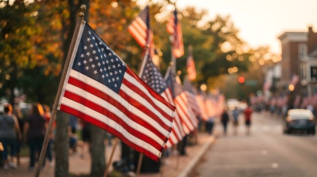 Row of american flags displayed along a small town street during a patriotic community event at sunset