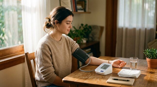 Young woman in beige sweater measures blood pressure with digital cuff monitor at sunlit wooden desk, calm home wellness routine with plants, notebook, and glass of water