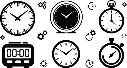 Fototapeta premium Collection Of Black Clock Silhouettes And Gear Icons On White Background
