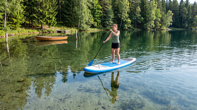 Young woman paddleboarding on clear calm mountain lake surrounded by pine forest