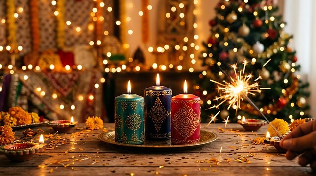 Three decorative candles on a brass tray with a lit sparkler and marigold flowers, set against a festive background with a christmas tree and lights