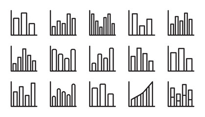 Obraz premium A collection of fifteen different hand drawn bar chart icons isolated on a white background representing various business data analysis growth trends