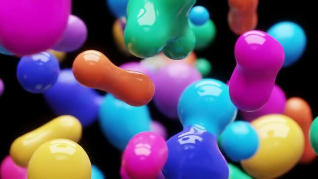 Vibrant 3D render of glossy multicolored organic blobs and rounded liquid shapes floating against a black background with shallow depth of field and reflective surfaces.