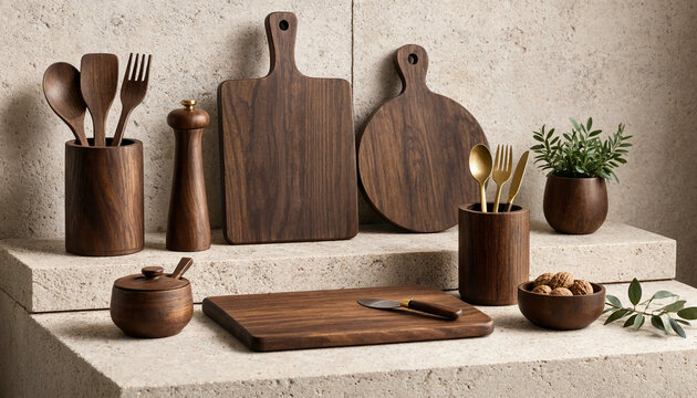 A collection of dark walnut wooden kitchen utensils, cutting boards, and bowls arranged on a textured stone surface in a rustic kitchen setting