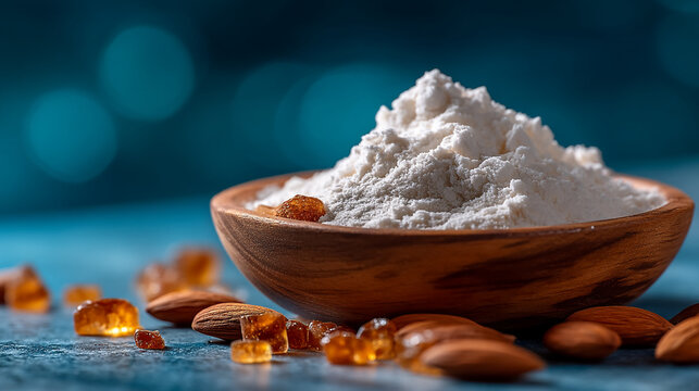 Wooden bowl filled with white almond flour and amber sugar pieces, ingredients