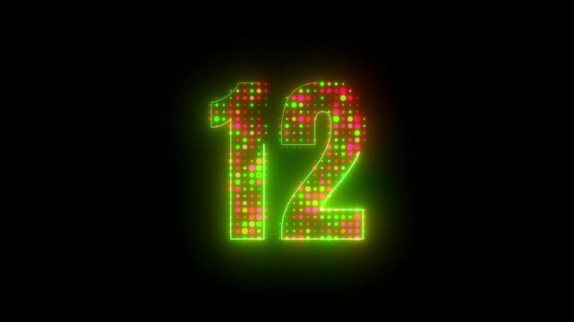 Animated glowing neon green number 12 featuring flickering pink halftone dot texture grid isolated on dark background 4k video