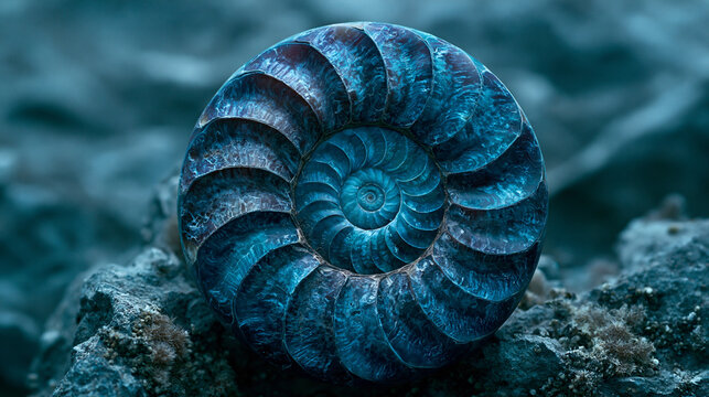Close up of a fossilized ammonite with blue spiral shell patterns.