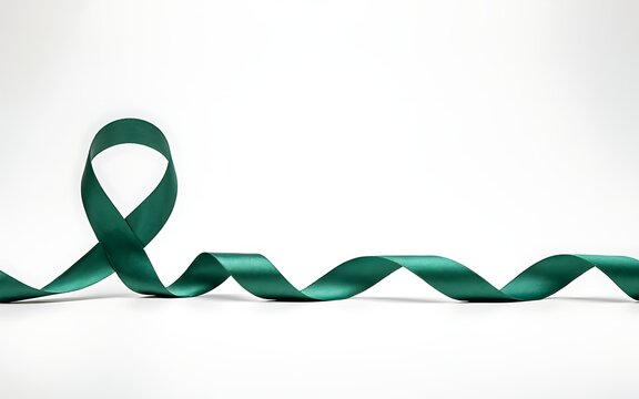 A green awareness ribbon isolated on a white background representing support for various medical causes