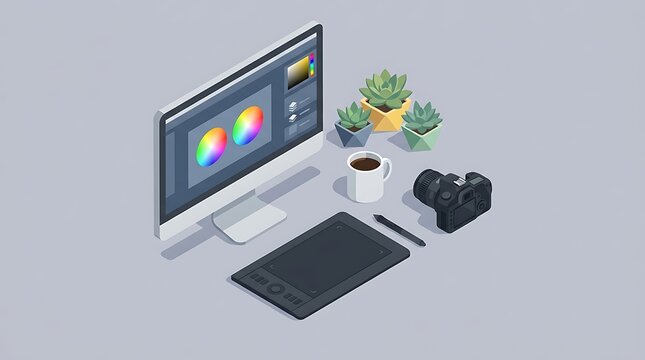 Isometric creative graphic designer computer desk workspace vector illustration
