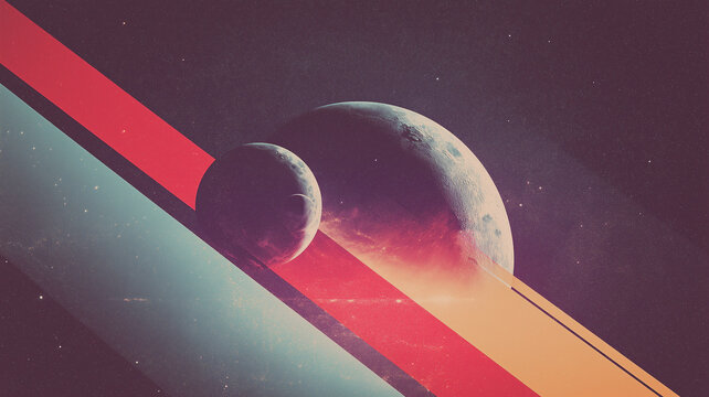 Retro futurism cosmic landscape collage with two textured planets, bright stars, and diagonal geometric stripes in red, teal, and orange. Vintage sci-fi poster background with noise texture.
