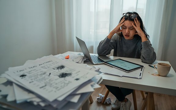 Stressed young woman working at home desk with many documents and digital tablet in office