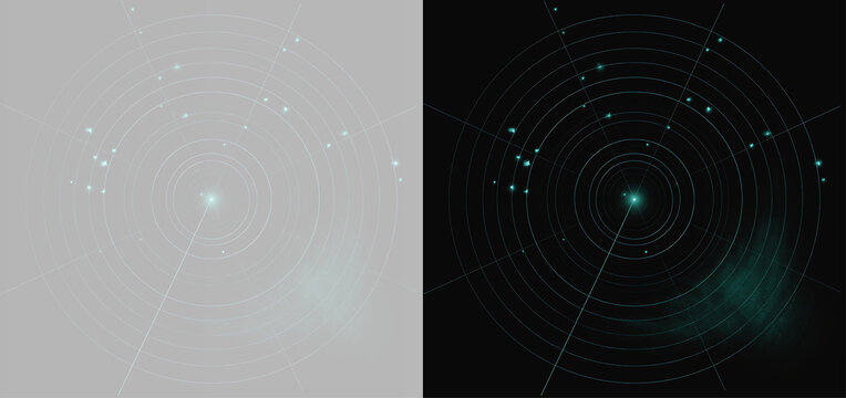 Digital sonar radar sweep display with glowing targets in two color themes