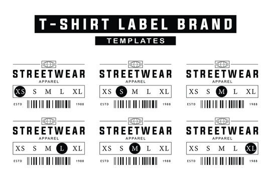Set of streetwear t-shirt clothing label templates with size indicators and barcodes