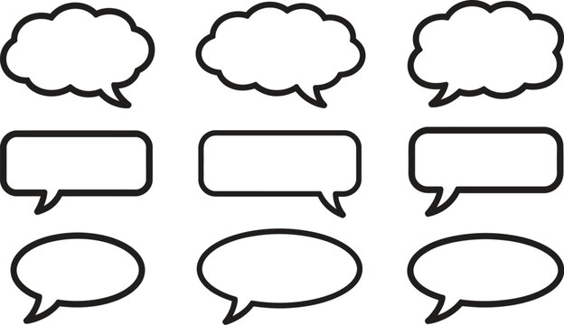 Set of black and white vector speech bubbles, thought clouds, and dialog boxes with outline style.