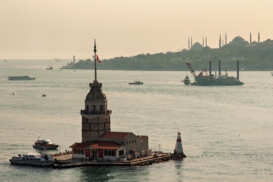 Aerial view of the previous version of the historic Maidens Tower situated in the Bosphorus strait while the tunnel is under construction, Istanbul, Turkey.