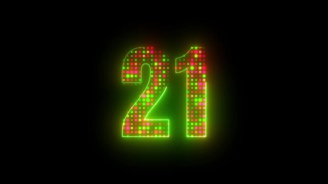 Dynamic neon green glowing number 21 filled with animated pink halftone dot matrix pattern on black background 4k video