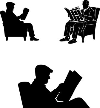 Retired man reading newspaper on chair silhouette.
