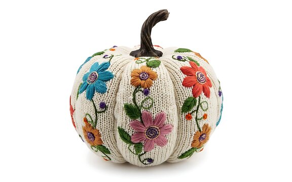 Decorative ceramic pumpkin with colorful hand painted floral patterns isolated on a white background