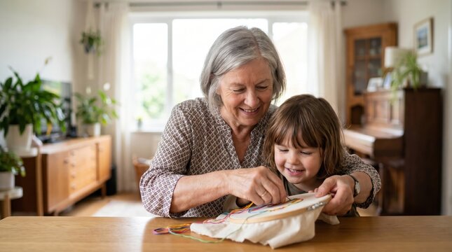 Grandmother Teaching Child Embroidery for Senior Citizen Day