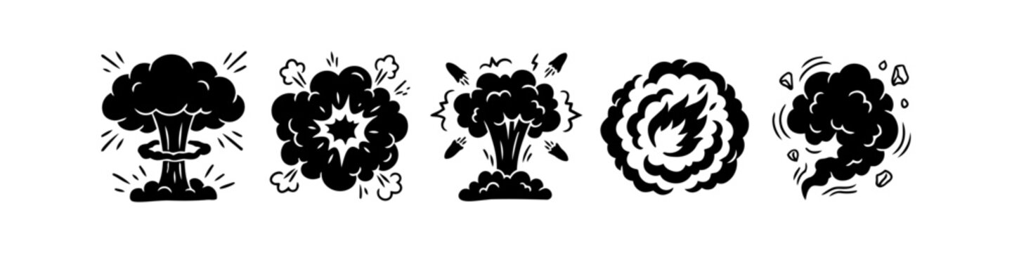 Set of hand-drawn comic explosion icons. Black silhouettes of mushroom clouds, fire bursts, and smoke on a white background. Perfect for game design and pop-art illustrations.