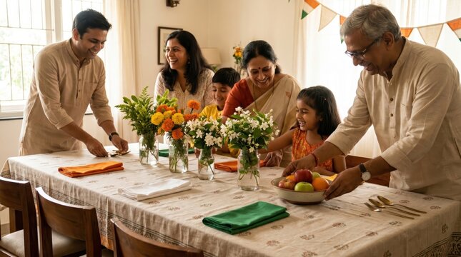 Joyful Family Gathering Celebrating India's Independence Day Indoors with Festive Decor