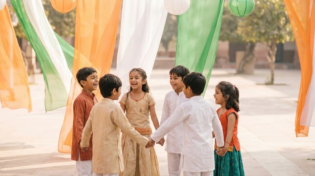 Joyful Indian children celebrating India's Independence Day with patriotic colors outdoors