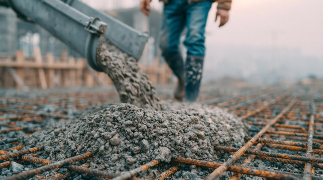 Close up view of concrete pouring over rebar during foundation work.