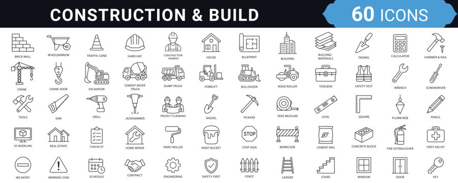 Construction and building thin line icons set, editable stroke outline vector collection of architecture, engineering graphics, tools, equipment and safety symbols.