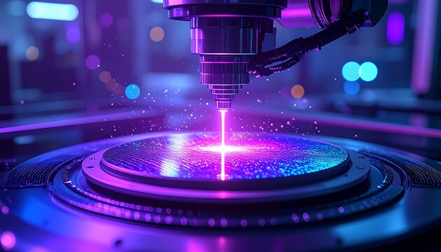 EUV Lithography Machine Etching Silicon Wafer with Glowing Purple Laser Beam in Semiconductor Fab