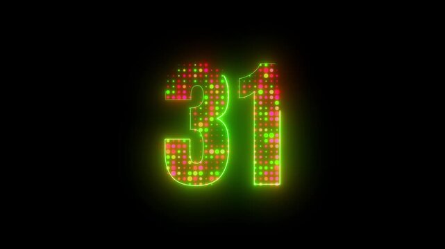 Neon Green Glowing Number 31 Cyberpunk Digital LED Dot Matrix Grid Motion Graphic Dark Abstract Loop Background Visual 4k video
