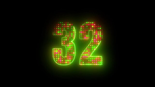 Glowing Neon Green Number 32 Digital LED Dot Matrix Display Cyberpunk Motion Graphic Dark Abstract Loop Background 4k video