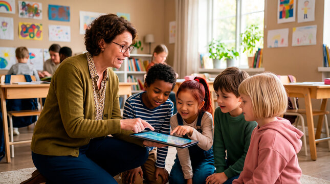 Teacher shows tablet to diverse group of young students in a bright classroom